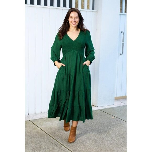 Rio Smocked Long Sleeve Maxi Dress in Hunter Green - Picture 2 of 8